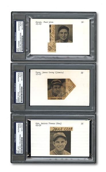 PRE-WAR HALL OF FAMER LOT OF (15) CUT SIGNATURES ON 3x5 INDEX CARDS INCL. FOXX, OTT, P. WANER & BAKER (DAVE HILL COLLECTION)