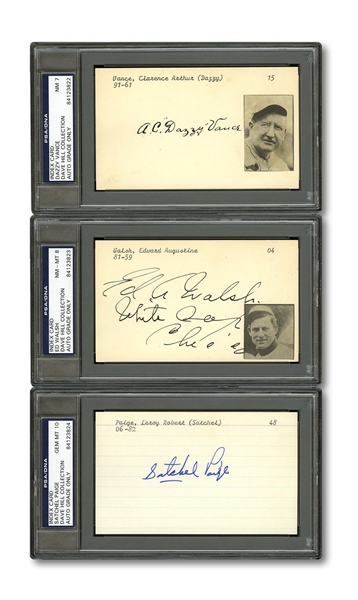PRE-WAR HALL OF FAME PITCHERS LOT OF (12) AUTOGRAPHED 3x5 INDEX CARDS INCL. PSA/DNA HIGH GRADE SATCHEL PAIGE, ED WALSH & DAZZY VANCE (DAVE HILL COLLECTION)