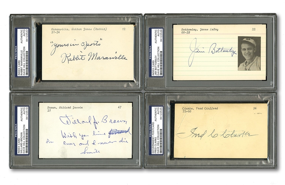 PRE-WAR HALL OF FAME POSITION PLAYERS LOT OF (34) AUTOGRAPHED 3x5 INDEX CARDS INCL. PSA/DNA ENCAPSULATED WILLARD BROWN, MARANVILLE, SAM CRAWFORD, FRED CLARKE, GOSLIN & BOTTOMLEY (DAVE HILL COLLECTION)