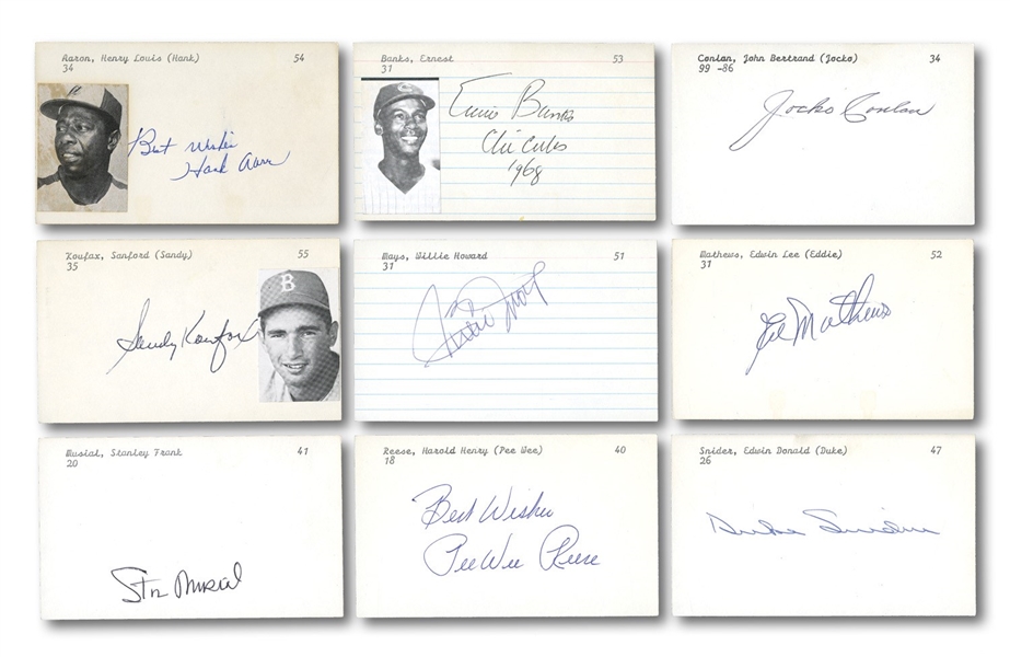 MID-CENTURY HALL OF FAMER LOT OF (53) AUTOGRAPHED 3x5 INDEX CARDS PLUS (1) CUT SIGNATURE (DAVE HILL COLLECTION)