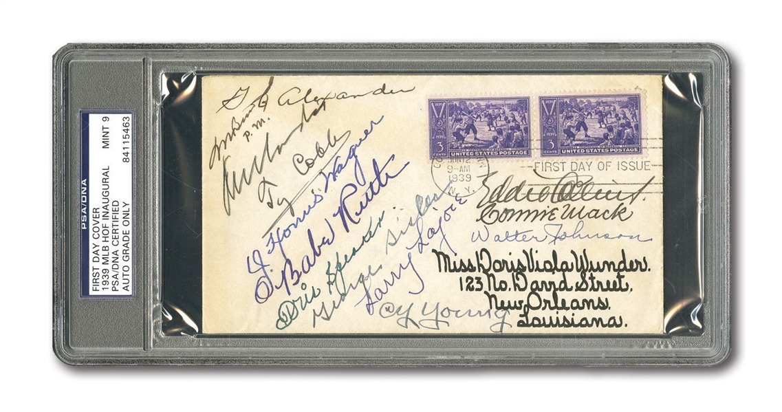 1939 BASEBALL HALL OF FAME AUTOGRAPHED FIRST DAY COVER INCL. ELEVEN INAUGURAL INDUCTEES (PSA/DNA MINT 9) WITH EXTRAORDINARY RELATED CORRESPONDENCE LETTERS FROM SIGNERS