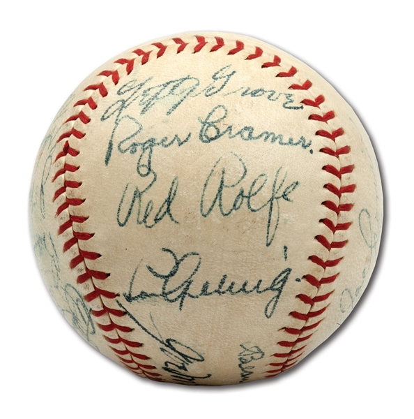 OUTSTANDING 1937 AMERICAN LEAGUE ALL-STAR TEAM SIGNED BASEBALL INCL. GEHRIG, MCCARTHY, DIMAGGIO, FOXX, BERG, ETC.