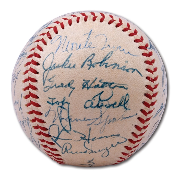 1952 NATIONAL LEAGUE ALL-STAR TEAM SIGNED BASEBALL (27 AUTOS.) WITH JACKIE & CAMPY – PSA/DNA NM+ 7.5 GRADE OVERALL