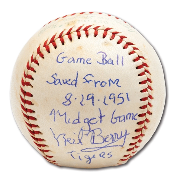 9/19/1951 ST. LOUIS BROWNS VS. DETROIT TIGERS GAME USED BASEBALL FEATURING 3 7" EDDIE GAEDAL – SIGNED & NOTATED BY TIGERS SS NEIL BERRY (BERRY LOA)