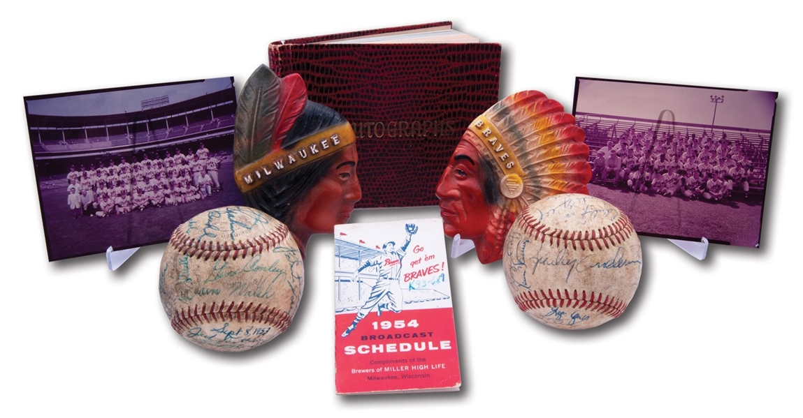 1950S MILWAUKEE BRAVES COLLECTION INCL. MALE & FEMALE "CHALK WARE" WALL PLAQUES, AUTOGRAPH SCRAPBOOK, 1953 TEAM SIGNED BALL, SEVERAL DOZEN NEGATIVES FROM TEAM PHOTOGRAPHER, ETC. (BRAVES USHER PROVENANCE)