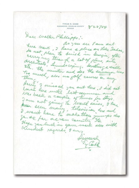1958 TY COBB HANDWRITTEN & SIGNED PERSONAL LETTER TO FRIEND WITH ACCOMPANYING 1961 COBB SIGNED RECEIPT