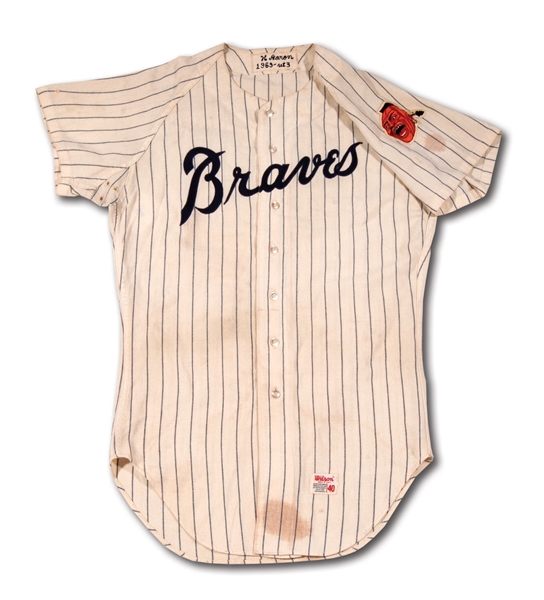 1969 HANK AARON ATLANTA BRAVES NLCS GAME WORN HOME JERSEY – HIS ONLY KNOWN EXAMPLE PHOTO-MATCHED TO A POSTSEASON HOME RUN! (MEARS A7, RESOLUTION LOA)