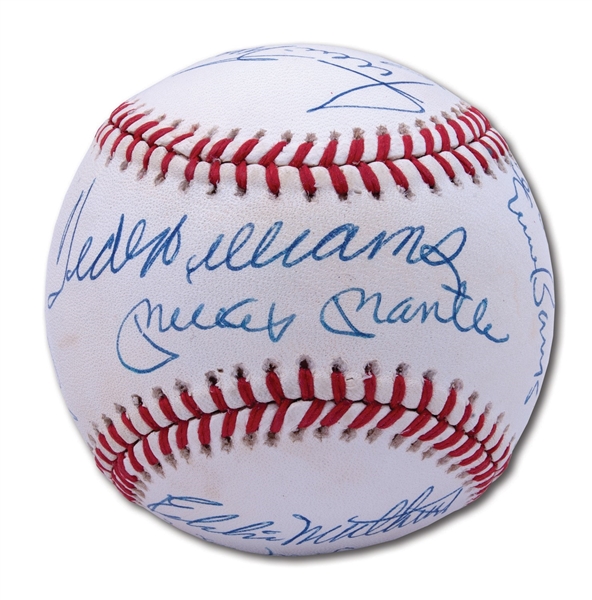 500 HOME RUN CLUB BASEBALL SIGNED BY (11) WITH MANTLE & TED WILLIAMS ON SWEET SPOT