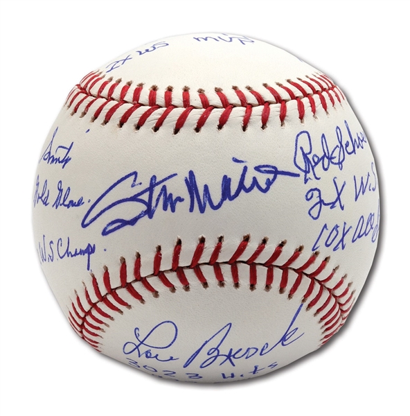 ST. LOUIS CARDINALS HOF LEGENDS SIGNED & INSCRIBED STATS BASEBALL WITH MUSIAL, GIBSON, BROCK, SCHOENDIENST & OZZIE SMITH