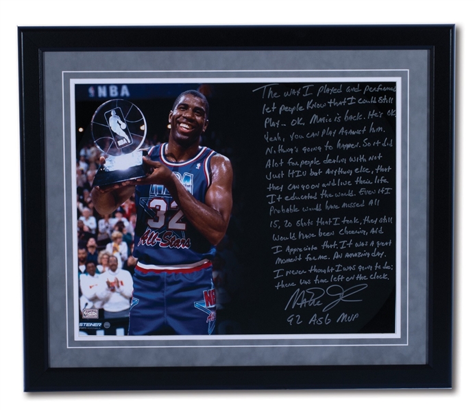 MAGIC JOHNSON SIGNED & INSCRIBED 1992 NBA ALL-STAR GAME 1 OF 1 STORY PHOTO (16x20) WITH HANDWRITTEN PARAGRAPH (STEINER COA)