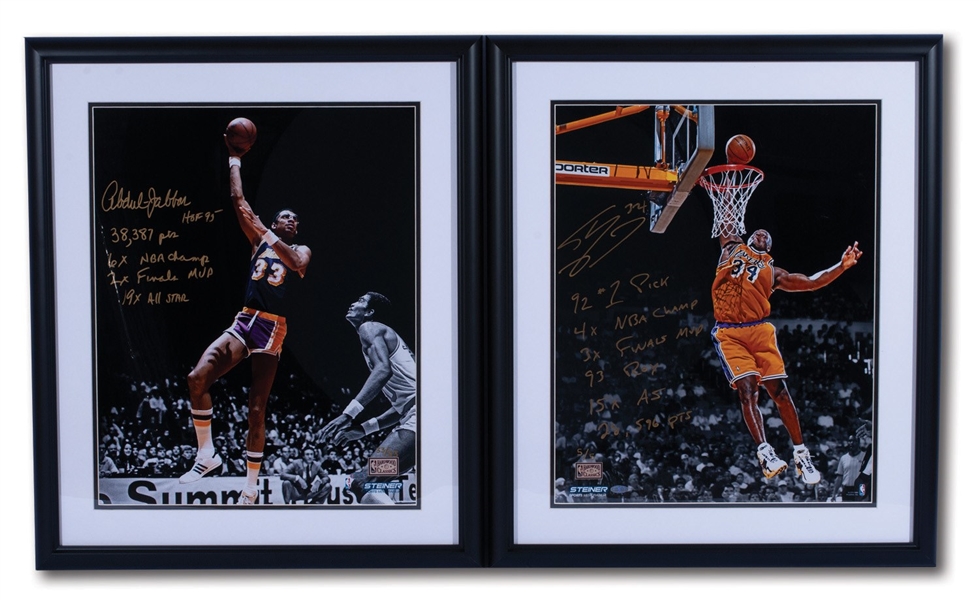 KAREEM ABDUL JABBAR AND SHAQUILLE ONEAL PAIR OF AUTOGRAPHED 16 X 20 PHOTOS WITH CAREER STAT INSCRIPTIONS (STEINER)