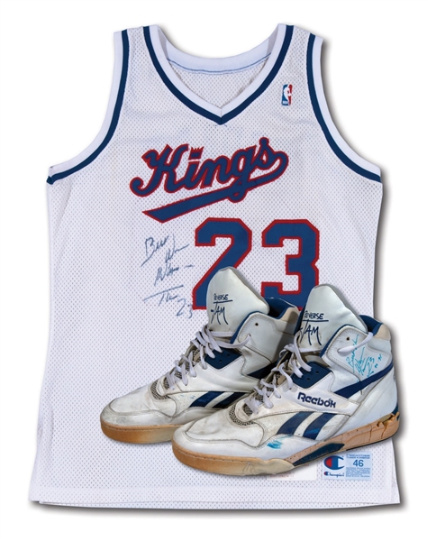 1990-91 WAYMAN TISDALE SIGNED SACRAMENTO KINGS GAME WORN HOME JERSEY AND PAIR OF DUAL-SIGNED GAME WORN AVIA SHOES