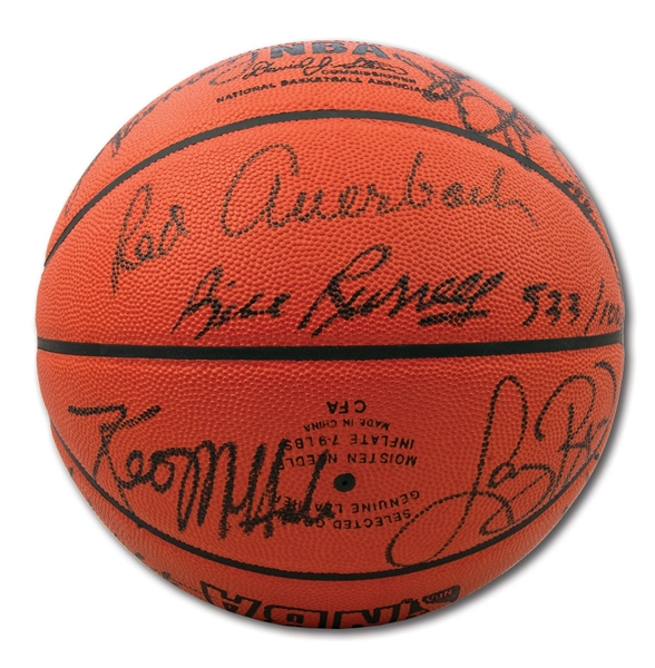 BOSTON CELTICS RETIRED NUMBERS MULTI-SIGNED (19 TOTAL) OFFICIAL NBA BASKETBALL WITH AUERBACH, RUSSELL, COUSY, HAVLICEK, BIRD, ETC.