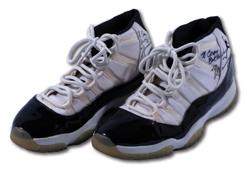 1995-96 MICHAEL JORDAN CHICAGO BULLS GAME WORN, DUAL-SIGNED & INSCRIBED AIR JORDAN XI CONCORD SHOES FROM HIS MOST DECORATED SEASON AS A PRO (COBY KARL COLLECTION)