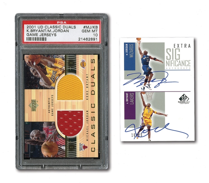 MICHAEL JORDAN AND KOBE BRYANT PAIR OF 2002-03 SP GAME USED EXTRA SIGNIFICANCE DUAL AUTO CARD (UNGRADED) AND 2001 UD CLASSIC DUALS GAME JERSEYS SWATCH CARD (PSA GEM-MT 10)
