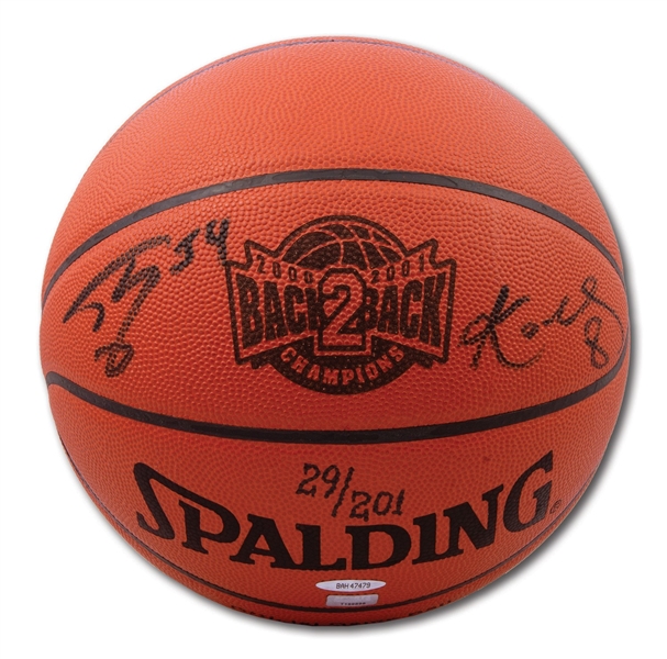 KOBE BRYANT AND SHAQUILLE ONEAL DUAL-SIGNED SPALDING NBA BASKETBALL STAMPED "2001-2002 BACK 2 BACK" – LE 29/201 (UDA)