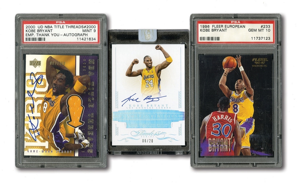 KOBE BRYANT 2000 UD NBA TITLE THREADS AUTO SWATCH EMPLOYEE CARD (PSA MINT 9) AND 2014-15 PANINI FLAWLESS AUTO CARD (06/20) PLUS HIS 1996 FLEER EUROPEAN #233 ROOKIE (PSA GEM-MT 10) LOT OF 3