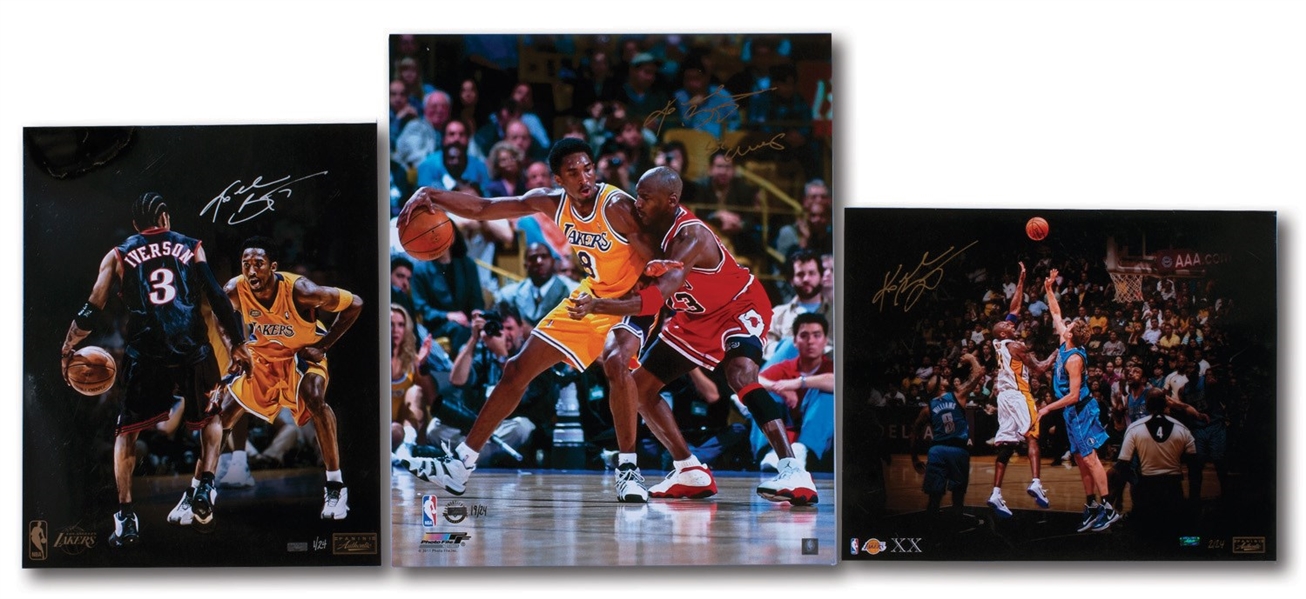 KOBE BRYANT TRIO OF DIFFERENT AUTOGRAPHED PHOTOS AGAINST A HALL OF FAMER (JORDAN, IVERSON & DIRK) WITH "5x CHAMP" INSCRIBED ON MJ 20x20 – EACH LIMITED TO 24 (PANINI AUTH.)