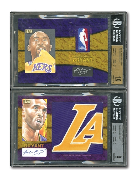 KOBE BRYANT PAIR OF UNIQUE 2015 THE BAR CUT AUTOGRAPH CARDS (5x7) FEAT. GAME WORN JERSEY PATCH, 14K GOLD LOGO & ORIGINAL ARTWORK (EACH 1 OF 1) – BGS MINT 9 AND PRISTINE 10