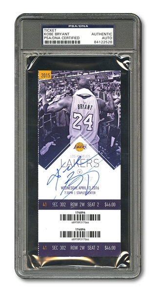 KOBE BRYANT AUTOGRAPHED 4/13/2016 FULL TICKET FROM HIS FINAL CAREER GAME AND 60-POINT FAREWELL PERFORMANCE – PSA/DNA AUTHENTIC (PANINI COA)