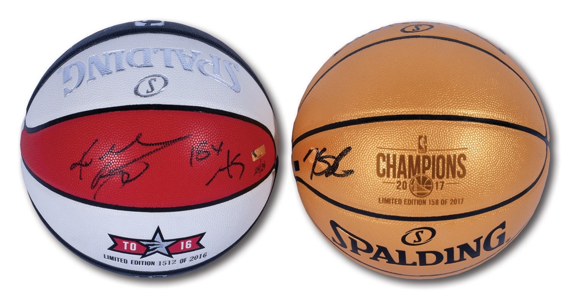 KOBE BRYANT SIGNED & "18x AS" INSCRIBED 2016 NBA ALL-STAR GAME MONEY BALL (LE 24/24) AND KEVIN DURANT AUTOGRAPHED 2017 NBA CHAMPIONS GOLD BASKETBALL (PANINI COAS, FANATICS AUTH.)