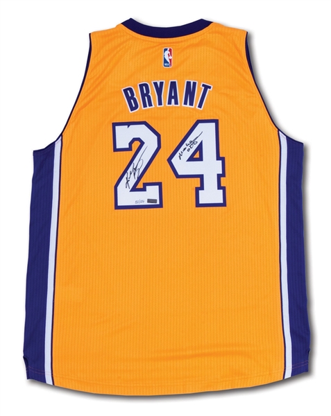 KOBE BRYANT SIGNED & "MAMBA OUT" INSCRIBED LOS ANGELES LAKERS GOLD HOME JERSEY – LE 52/124 (PANINI COA)