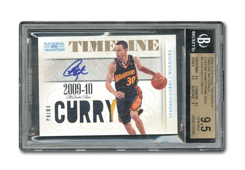 2009-10 NATIONAL TREASURES TIMELINE MATERIALS STEPHEN CURRY ROOKIE GAME WORN JERSEY AUTO SWATCH CARD (12/25) – BGS GEM MINT 9.5