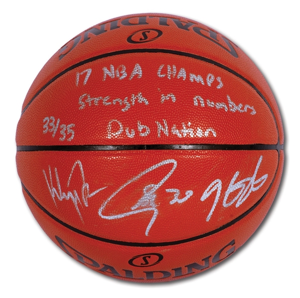 STEPHEN CURRY, KLAY THOMPSON & KEVIN DURANT TRIPLE-SIGNED BASKETBALL INSCRIBED "17 NBA CHAMPS, STRENGTH IN NUMBERS, DUB NATION" - LE 33/35 (PANINI COA, FANATICS AUTH.)