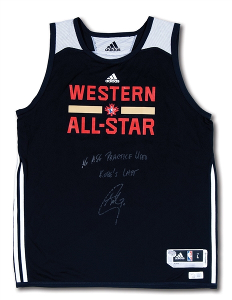 2016 STEPHEN CURRY SIGNED NBA ALL-STAR WESTERN CONFERENCE PRACTICE WORN JERSEY INSCRIBED "KOBES LAST" (CURRY LOA, FANATICS AUTH.)