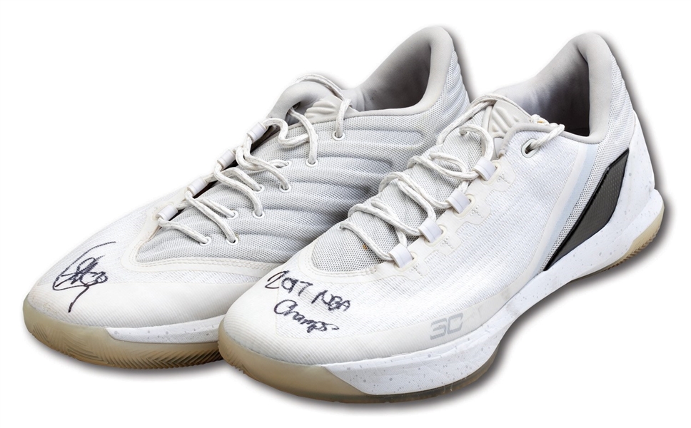 2016-17 STEPHEN CURRY SIGNED & INSCRIBED UNDER ARMOUR CURRY 3 SHOES PHOTO-MATCHED TO WARRIORS MEDIA DAY AND PRESEASON USE (STEINER, MEIGRAY)