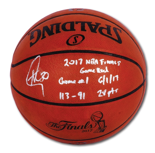 JUNE 1, 2017 NBA FINALS (WARRIORS VS. CAVS) GAME 1 USED BASKETBALL (1/1) SIGNED BY STEPHEN CURRY WITH STATS INSCRIPTION (FANATICS AUTH.)