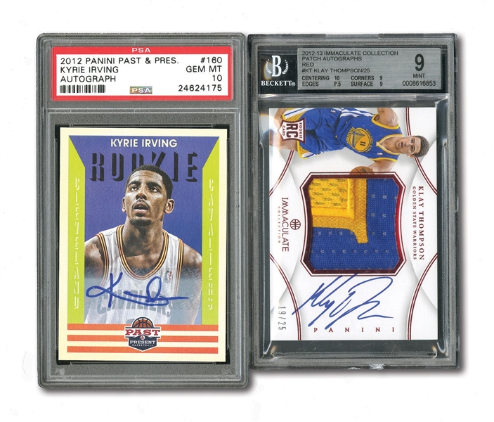 2012-13 PANINI IMMACULATE COLLECTIONS KLAY THOMPSON ROOKIE AUTO PATCH CARD (BGS MINT 9) AND 2012 PANINI PAST & PRESENT KYRIE IRVING ROOKIE AUTO CARD (PSA GEM-MT 10)