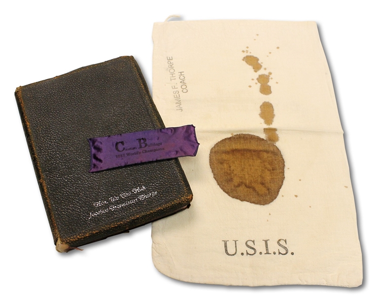 1911-17 JIM THORPE TRIO OF PERSONAL ITEMS INCL. HIS USED BIBLE (INSCRIBED "JACOBUS FRANCISCUS THORPE"), CANTON BULLDOGS BOOKMARK AND U.S.I.S. RESERVATION BAG