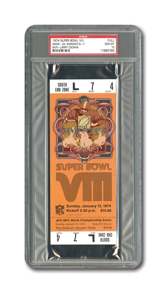 1974 SUPER BOWL VIII (MIAMI 24 - MINNESOTA 7) FULL TICKET – PSA GEM MINT 10
