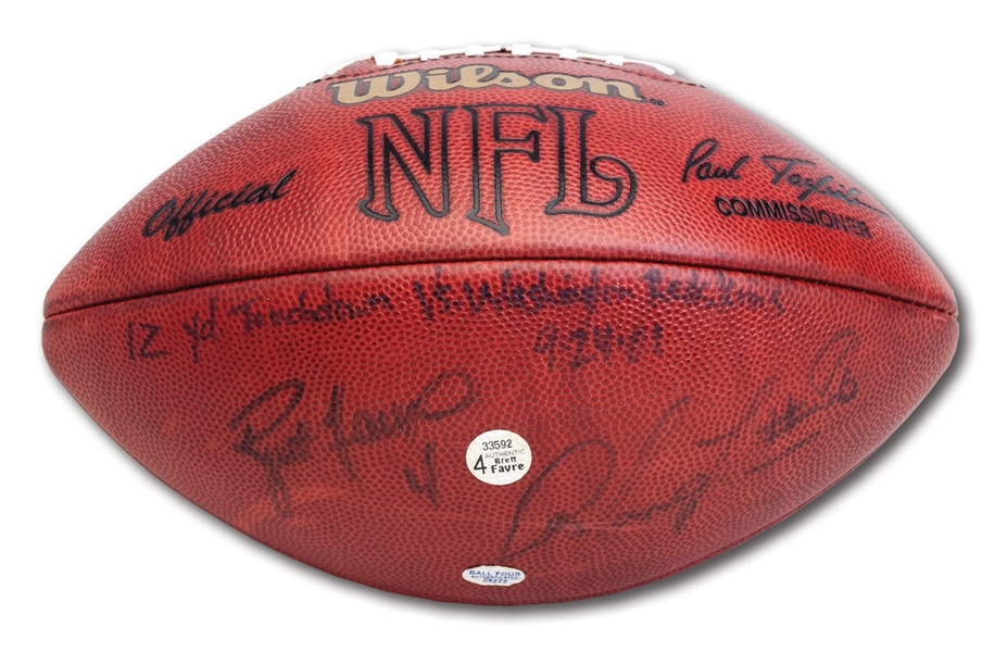 9/24/2001 BRETT FAVRE SIGNED & INSCRIBED GREEN BAY PACKERS GAME FOOTBALL USED FOR 1ST OF 3 TD PASSES IN WIN VS. REDSKINS (ALSO SIGNED BY WR ANTONIO FREEMAN WHO CAUGHT IT)