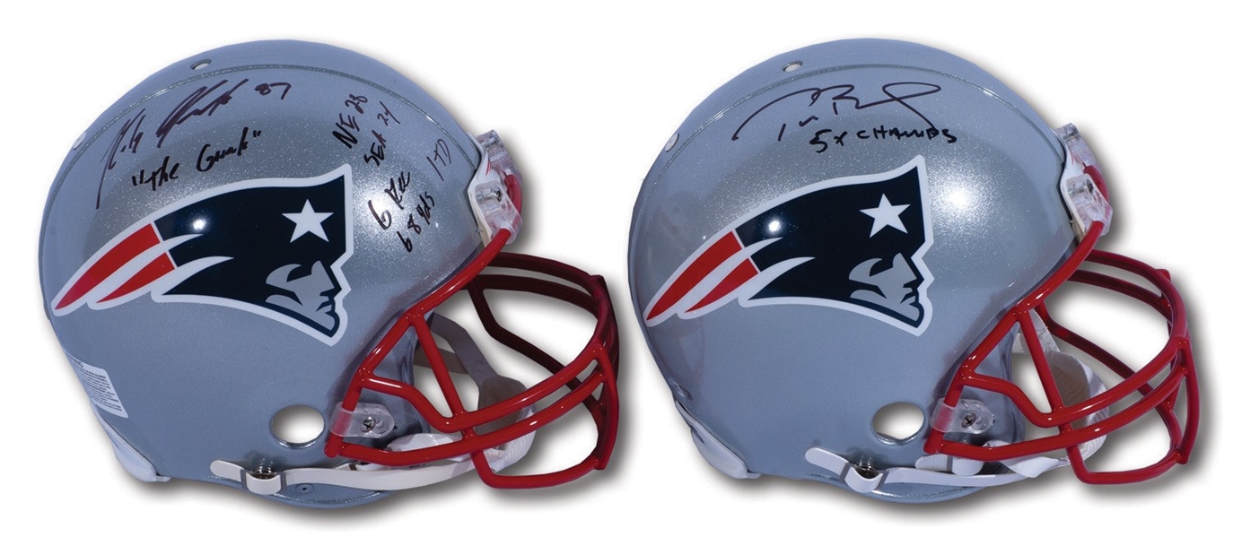 TOM BRADY SIGNED & "5X CHAMPS" INSCRIBED NEW ENGLAND PATRIOTS HELMET AND ROB GRONKOWSKI SIGNED & STATS INSCRIBED SUPER BOWL XLIX PATRIOTS HELMET – BOTH REGULATION SIZE (FANATICS AUTH.)