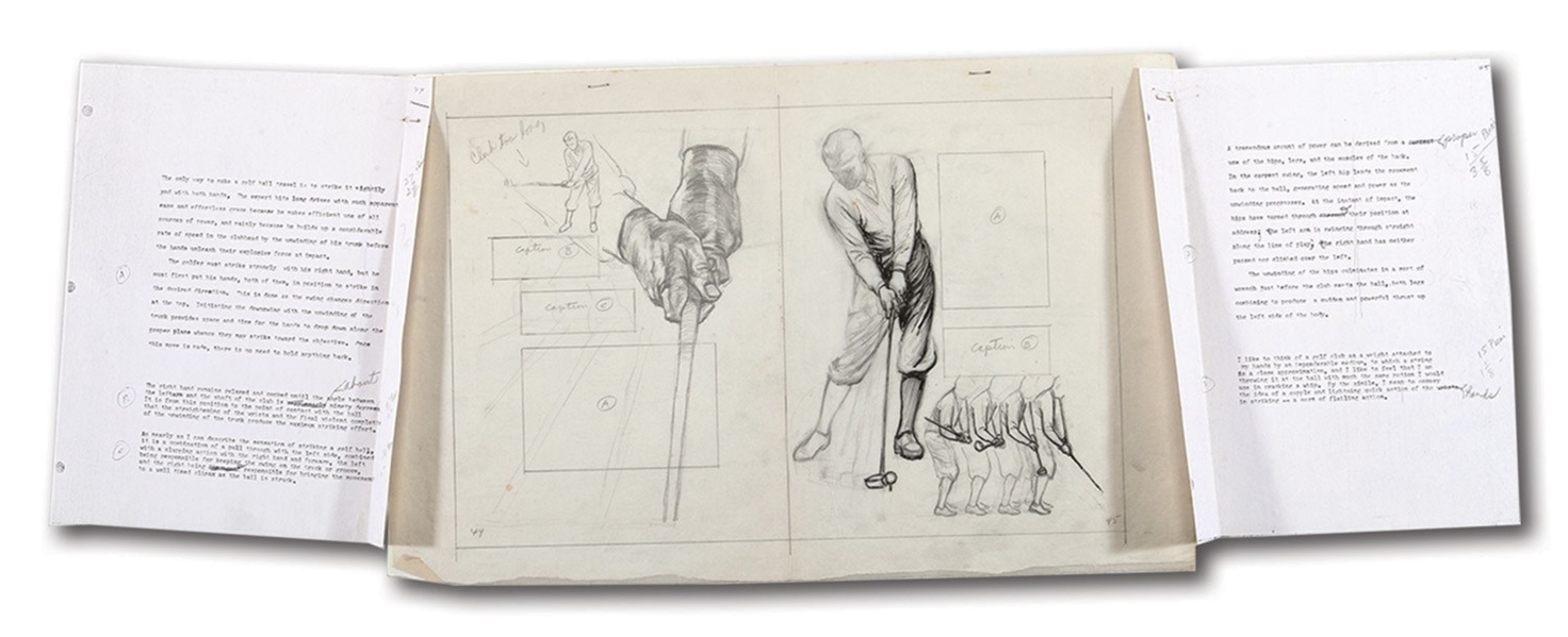 C. 1965 ORIGINAL SKETCHES (GRIP AND BACKSWING) BY FAMED GOLF ARTIST ANTHONY RAVIELLI COMMISSIONED FOR BOBBY JONES WITH ORIGINAL NOTES BY JONES (RAVIELLI ESTATE PROVENANCE)