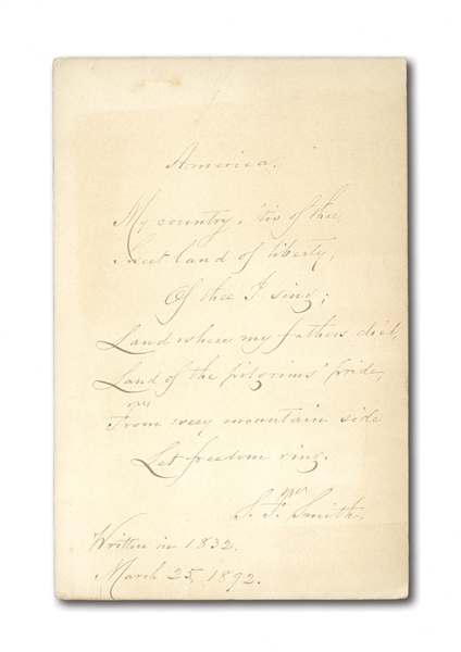 1892 SAMUEL F. SMITH HANDWRITTEN AND SIGNED LYRICS TO AMERICA "MY COUNTRY TIS OF THEE"