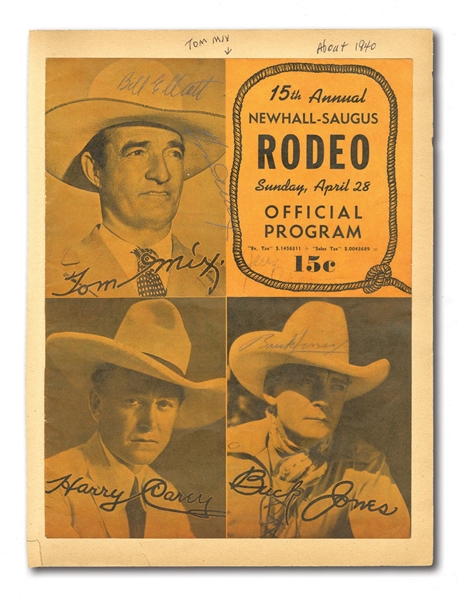 1940 NEWHALL-SAUGUS RODEO PROGRAM COVER SIGNED BY TOM MIX, BUCK JONES, BILL ELLIOTT AND JERRY COLONNA W/ (4) ORIGINAL SNAPSHOT PHOTOS OF EVENT