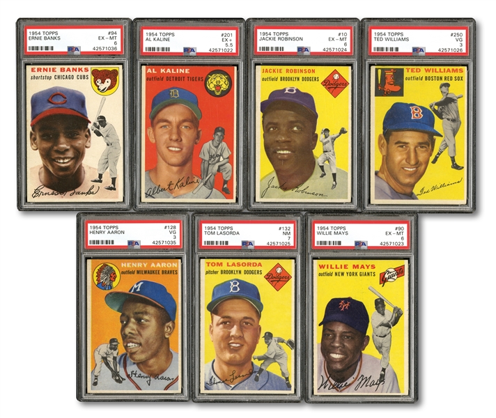1954 TOPPS BASEBALL COMPLETE SET OF (250) WITH 7 PSA GRADED INCL.  #94 BANKS (EX-MT 6) AND #128 AARON (VG 3) ROOKIES