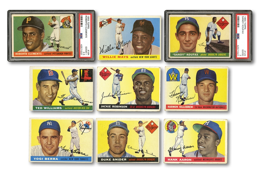 1955 TOPPS BASEBALL COMPLETE SET OF (206) WITH PSA GRADED CLEMENTE & KOUFAX ROOKIES