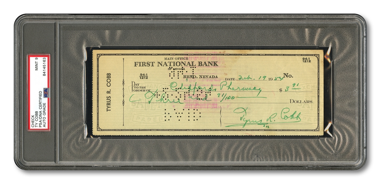 1954 TY COBB SIGNED BANK CHECK (PSA/DNA MINT 9)