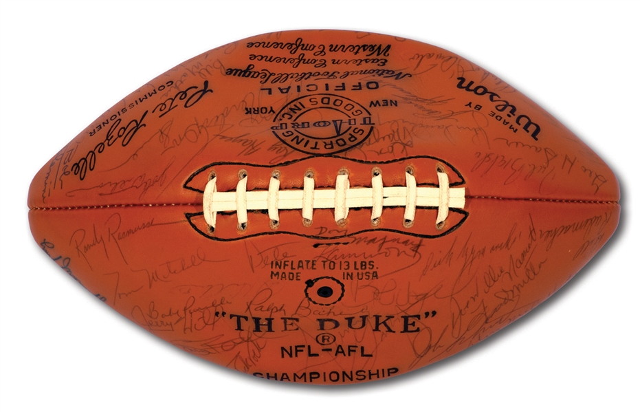1968 NEW YORK JETS (SUPER BOWL III CHAMPS) AND BALTIMORE COLTS TEAM SIGNED OFFICIAL "THE DUKE" FOOTBALL WITH OVER 60 AUTOGRAPHS INCL. NAMATH, UNITAS, ETC.