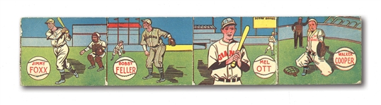 1943 M.P. & CO. R302 BASEBALL UNCUT PANEL OF (4) WITH FOXX, OTT, FELLER AND COOPER