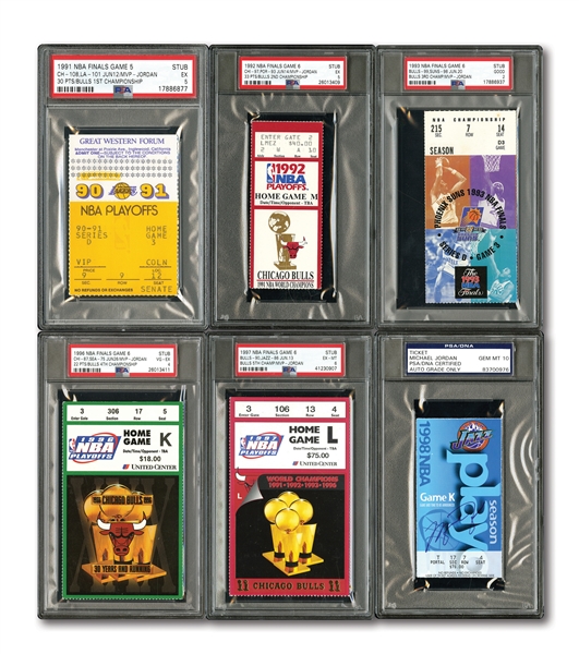 COMPLETE SET OF (6) MICHAEL JORDAN CHICAGO BULLS (1991-93, 1996-98) NBA FINALS CLINCHING GAME TICKET STUBS (5 PSA GRADED) INCL. ONE SIGNED BY MJ (PSA/DNA GEM MT 10 AUTO.)