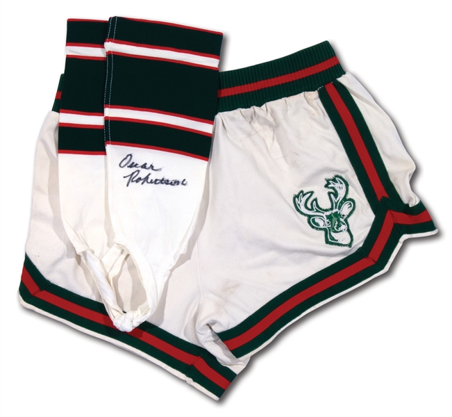 OSCAR ROBERTSONS C. EARLY 1970S MILWAUKEE BUCKS GAME WORN HOME SHORTS AND AUTOGRAPHED STIRRUP SOCKS (ROBERTSON COLLECTION)