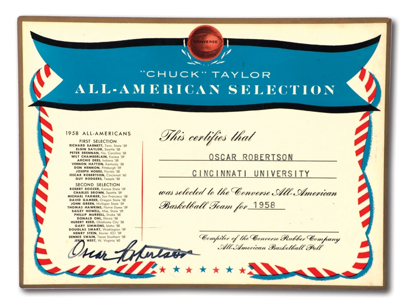 OSCAR ROBERTSONS AUTOGRAPHED 1958 CHUCK TAYLOR CONVERSE ALL-AMERICAN BASKETBALL TEAM PLAQUE (ROBERTSON COLLECTION)