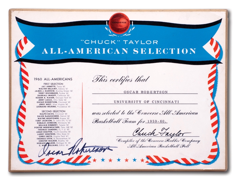 OSCAR ROBERTSONS AUTOGRAPHED 1960 CHUCK TAYLOR CONVERSE ALL-AMERICAN BASKETBALL TEAM PLAQUE (ROBERTSON COLLECTION)