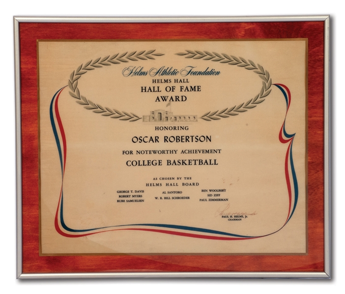 OSCAR ROBERTSONS HELMS ATHLETIC FOUNDATION HALL OF FAME AWARD PLAQUE (ROBERTSON COLLECTION)
