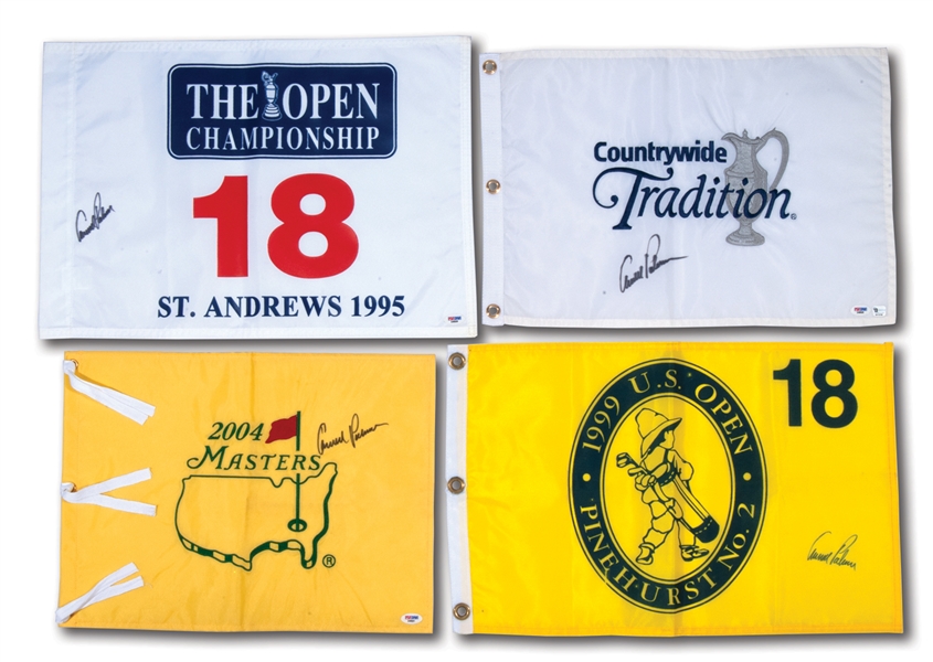 ARNOLD PALMER LOT OF (4) SIGNED GOLF PIN FLAGS INCL. 2004 MASTERS, 1995 BRITISH OPEN (ST. ANDREWS) & 1999 U.S. OPEN (PINEHURST #2)